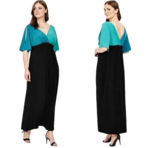 Kiyonna Cold Shoulder Deep V-Neck Maxi Dress blue teal black color blocks size 2 - Picture 1 of 16